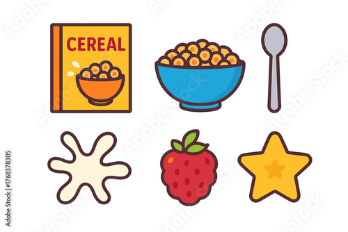 Colorful breakfast elements including cereal box, bowl, spoon, milk splash, strawberry, and star
