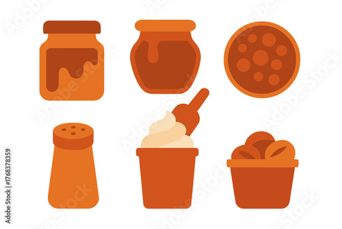 Stylized collection of food and beverage elements including honey, coffee beans, and spice shaker