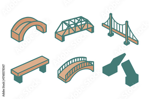 Isometric set of six different bridge types: arch, truss, suspension, beam, and drawbridge designs