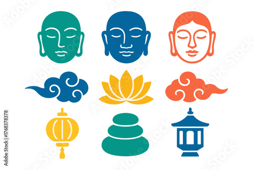 Colorful Asian spiritual and cultural symbols including Buddha heads, lotus, lanterns, and zen stones