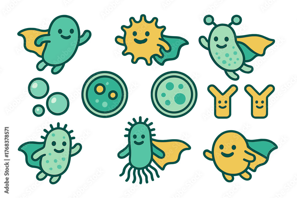 Obraz premium Cute cartoon microbes and bacteria characters wearing superhero capes with petri dishes and cellular elements