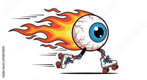 Fiery eyeball on roller skates illustration conveying speed and intense observation with cartoon