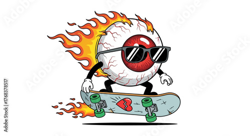 Flaming Eyeball Cartoon Character on Skateboard with Sunglasses, expressing a fun mood