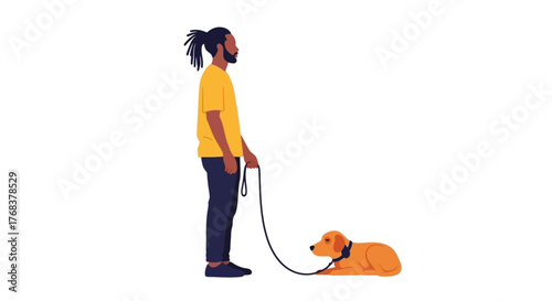 Illustration showcasing an individual guiding a golden dog on a leash against white backdrop