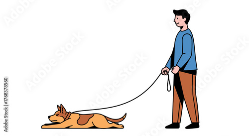 Cartoon illustration showing a man patiently walking a tired dog on a white background