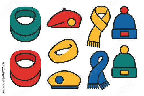 Collection of warm winter clothing accessories including knitted hats, long scarves, neck gaiters, and berets