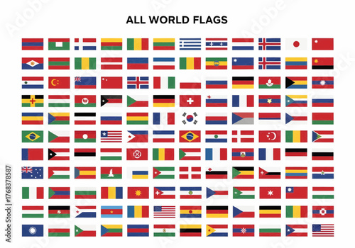 Minimalist flat vector collection of all world flags, rectangle format, organized in grid rows, professional infographic style, stock vector illustration.