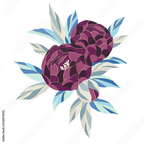 PNG Peony art - abstract floral design featuring two rich purple flowers surrounded by cool blue and light green leaves, perfect for modern botanical art or decorative purposes