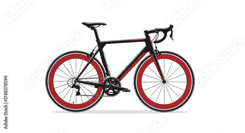 Stylized depiction of a racing bicycle with distinctive red rims on a clean background