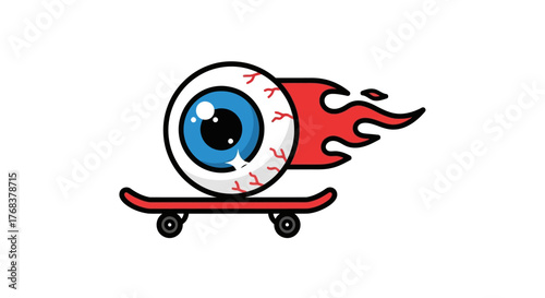 Whimsical eyeball speeding on a skateboard with fiery trail for a vibrant and energetic design