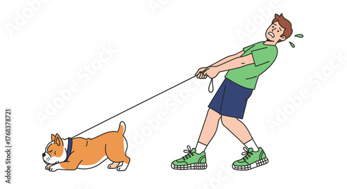 Stubborn bulldog refuses to move during walk causing frustration for sweating owner