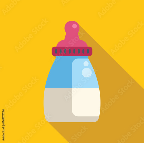 Baby bottle with milk and pink nipple on yellow background, childcare and nutrition concept