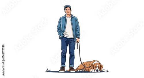 Stylized image of a young man in casual attire with his tired beagle pet resting beside him