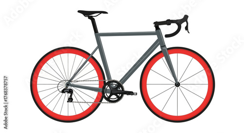 Elegant minimalist illustration showcases a gray road bike with vibrant red wheel accents offering