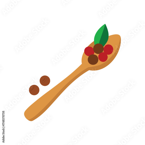 Wooden spoon filled with dried berries and cinnamon sticks for baking and cooking vector