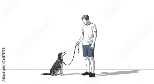 Illustrated scene showcasing a man training his dog in a minimalist style setting with clean lines