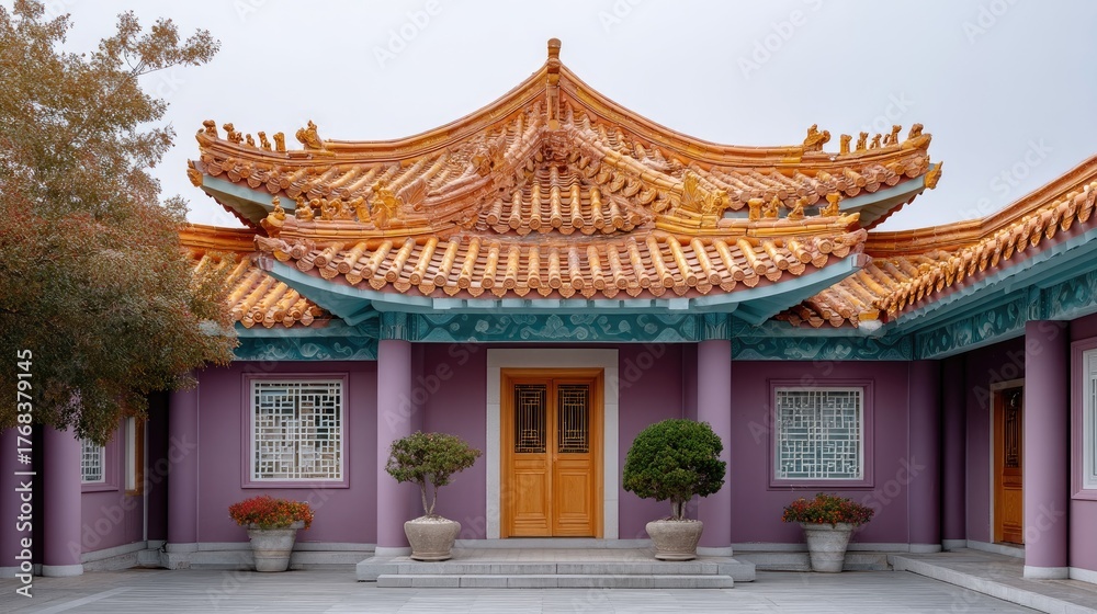 Obraz premium Vibrant Asian Temple Architecture with Ornate Orange Roof and Purple Walls Featuring Potted Trees and Floral Arrangements in Daylight