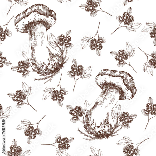 Organic rustic ink graphics seamless pattern with blueberries stem and leaves, forest bolete mushroom illustration. Hand drawn wild nature seasonal background, mushrooms and berries clipart