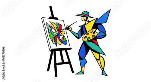 Abstract artist diligently working on a vibrant canvas in geometric style studio setting