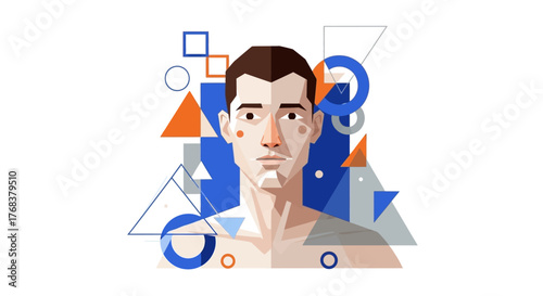 Geometric portrait of a handsome man set against abstract modern shapes and blue backdrop