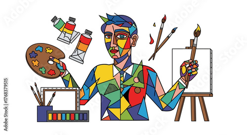 Abstract representation of an artist amidst the tools and materials of their creative expression
