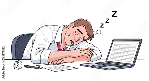 Illustrative depiction of a fatigued office worker dozing off at their workstation after