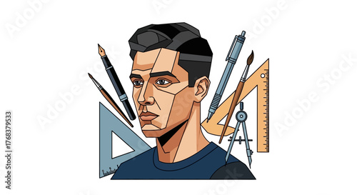 Geometric portrait of a male artist surrounded by drawing and sketching tools with angular design