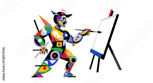 Geometric artist creating artwork on canvas with vibrant and colorful composition