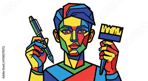 Geometric artist figure holding paintbrush and pen symbolizes creative expression