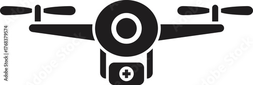 Black silhouette of a drone carrying a first aid kit, representing fast medical delivery in emergencies