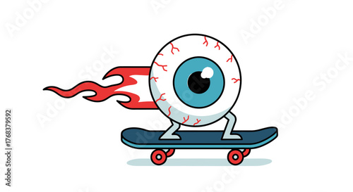 Eye-Catching Cartoon Character: A Playful Eyeball Riding a Skateboard with Flames