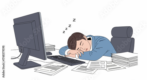 Office worker asleep at desk surrounded by computer and paperwork illustration