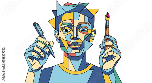 Abstract creative artist portrait illustration with pen and brush in polygonal style