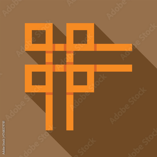 Orange double happiness chinese character representing marriage and long life with long shadow on brown background