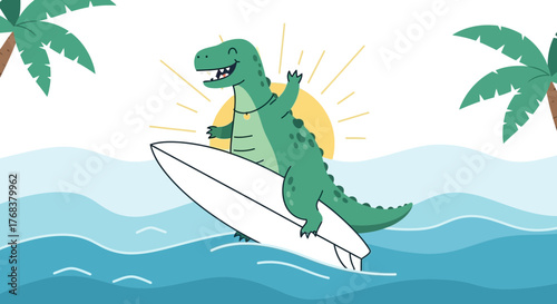 Adorable cartoon dinosaur enjoying a day of surfing in tropical paradise vector illustration