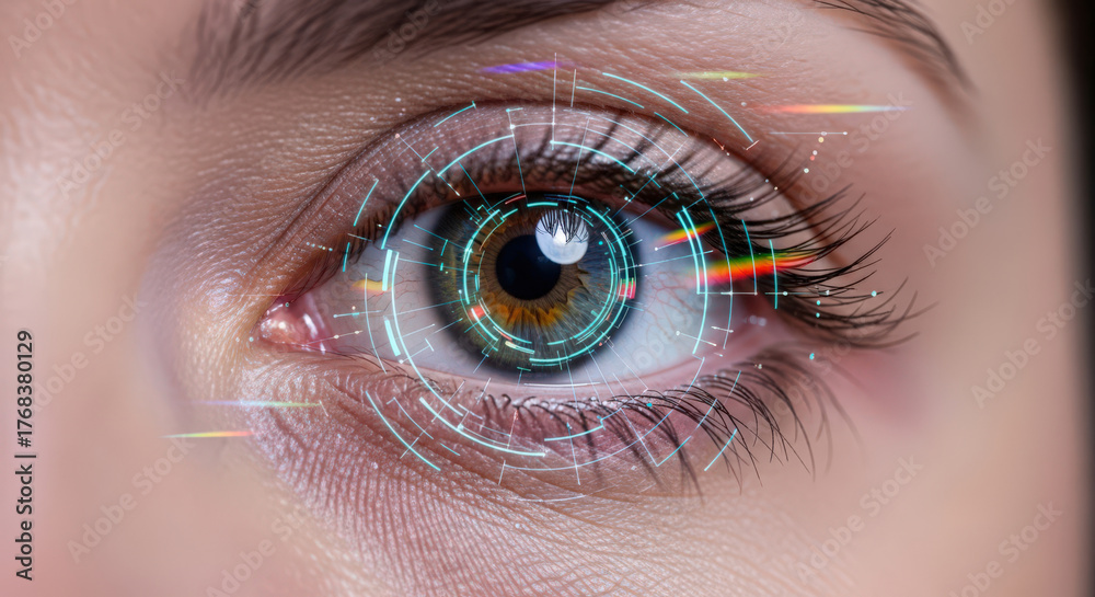 Fototapeta premium Close-up of a Human Eye with Digital Interface Overlay for Biometric Scanning and Advanced Technology Integration in Healthcare and Security Systems