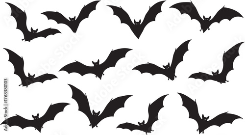 Flying Halloween Bats Silhouette Collection. Set of flying bat silhouettes in various poses, perfect for Halloween decorations, spooky design themes, stickers, invitations, and digital artwork.
