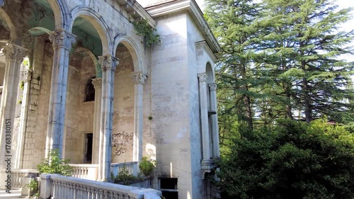 The facade exterior of the abandoned sanatorium Medea, Tskaltubo, Georgia