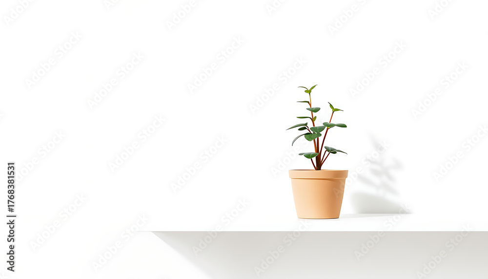 Obraz premium Minimalist potted plant casting a soft shadow on a clean white surface
