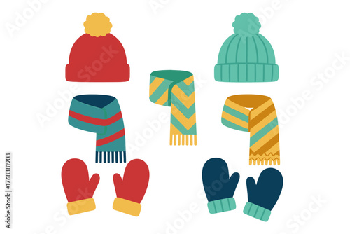 Colorful knitted winter hats scarves and mittens collection for cold weather