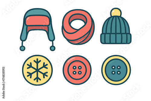 Winter season accessories set including warm hats, knitted scarf, snowflake, and sewing buttons