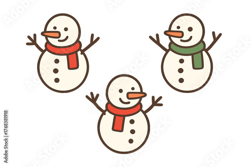 Group of adorable snowmen wearing colorful winter scarves and smiling happily on white background