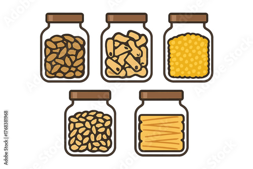 Collection of dry food ingredients stored in glass jars for pantry organization