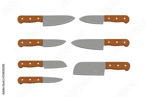 Symmetrical arrangement of various kitchen knives and cutlery tools with wooden handles and sharp metal blades