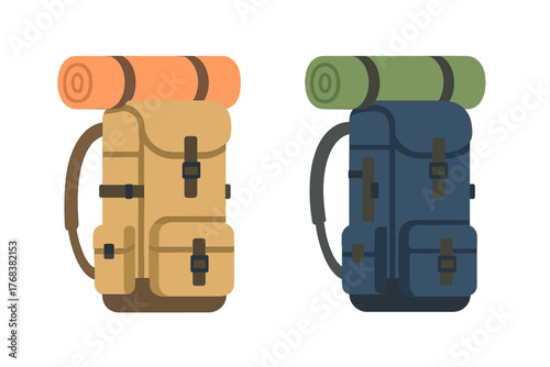 Two classic style hiking backpacks with rolled sleeping mats for outdoor camping and wilderness exploration