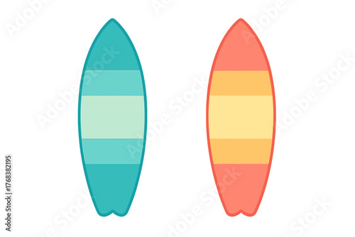 Two brightly colored surfboards featuring horizontal stripes isolated on a white background