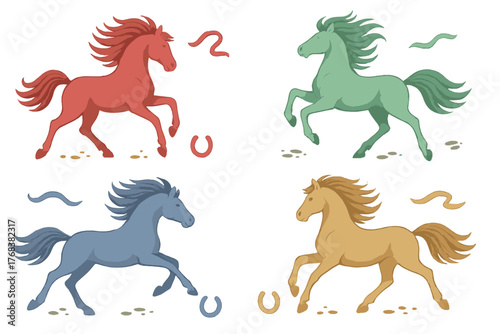 Set of four colorful running horses with dynamic poses and flowing manes