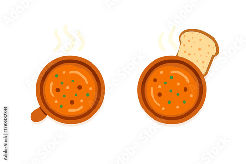 Overhead view of two steaming bowls of hot vegetable soup served with a slice of toast