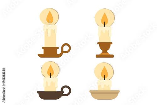 Four glowing wax candles burning brightly in various traditional candle holders
