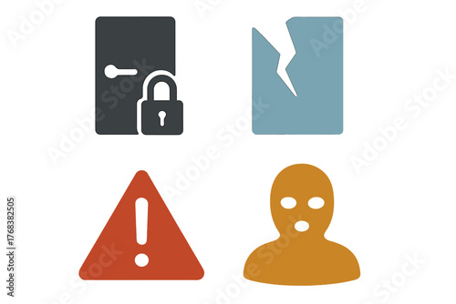 Set of security and crime symbols: locked door, broken window, warning sign, and masked burglar